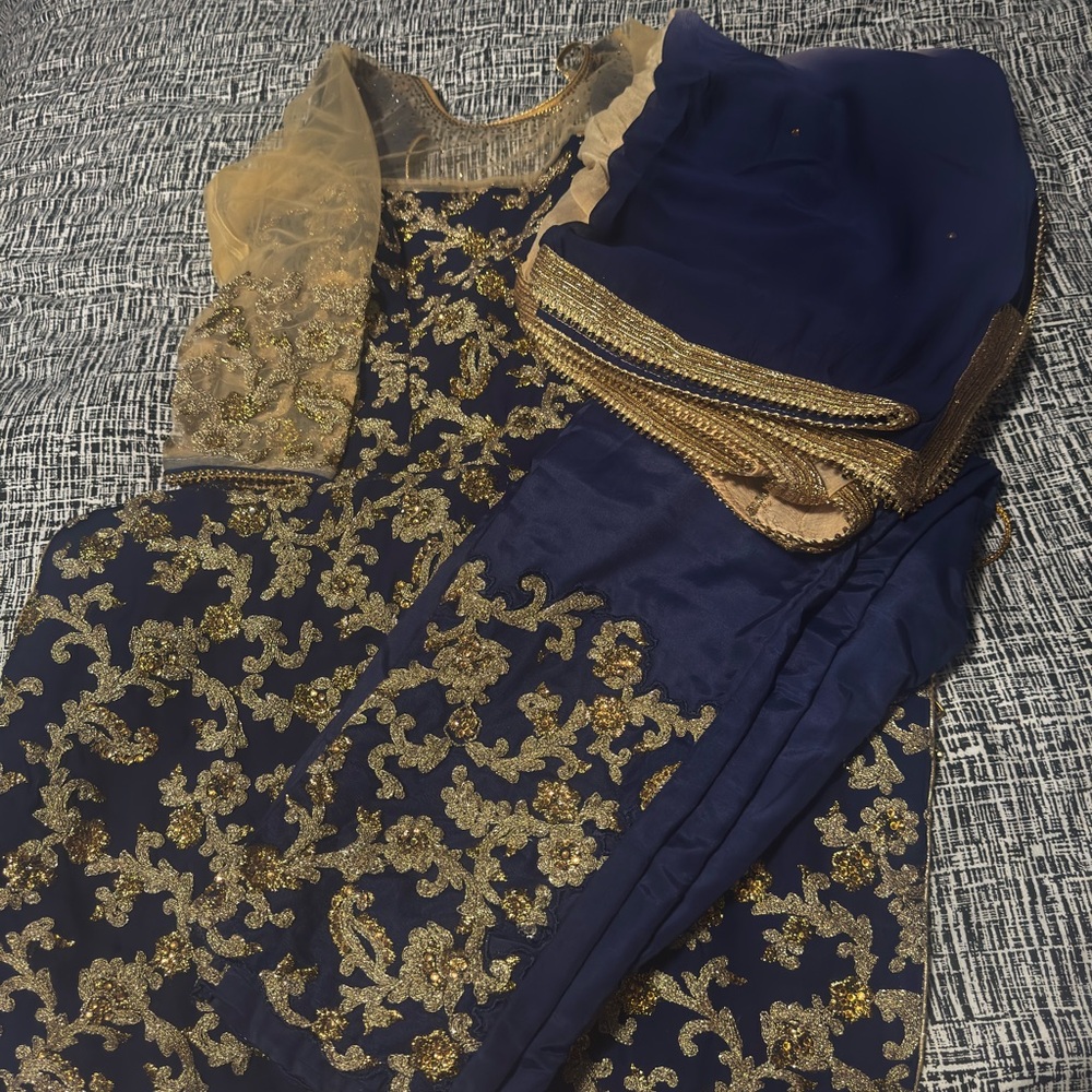 Ethnic Indian Wear Navy Blue and Gold Ensemble